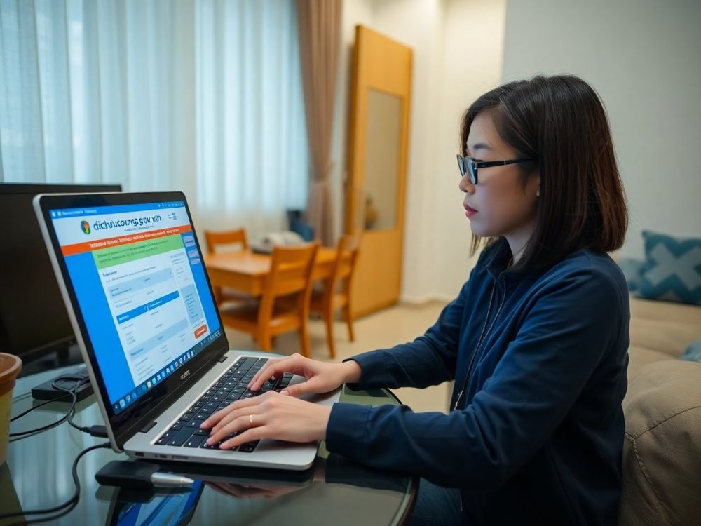 베트남 임시거주등록 온라인 신고 포털 dichvucong.gov.vn 화면 노트북